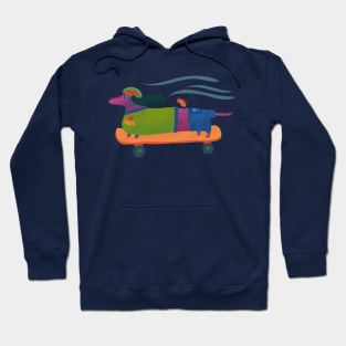 Hot Dog - Wiener Dachshund riding a skateboard with bird Hoodie